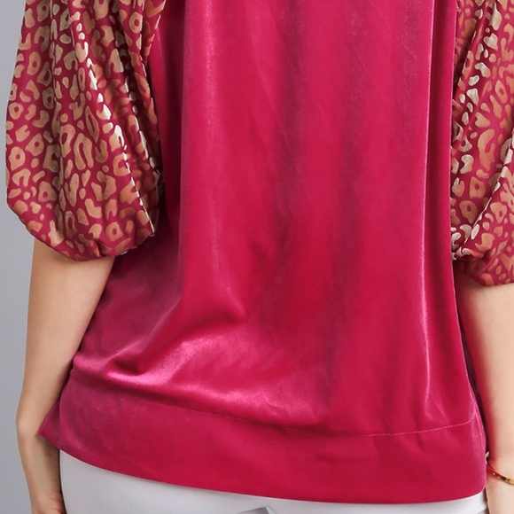 Umgee Leopard Velvet Sheer Balloon Half Sleeve Shirt Split Top High-Low Blouse - Picture 12 of 15